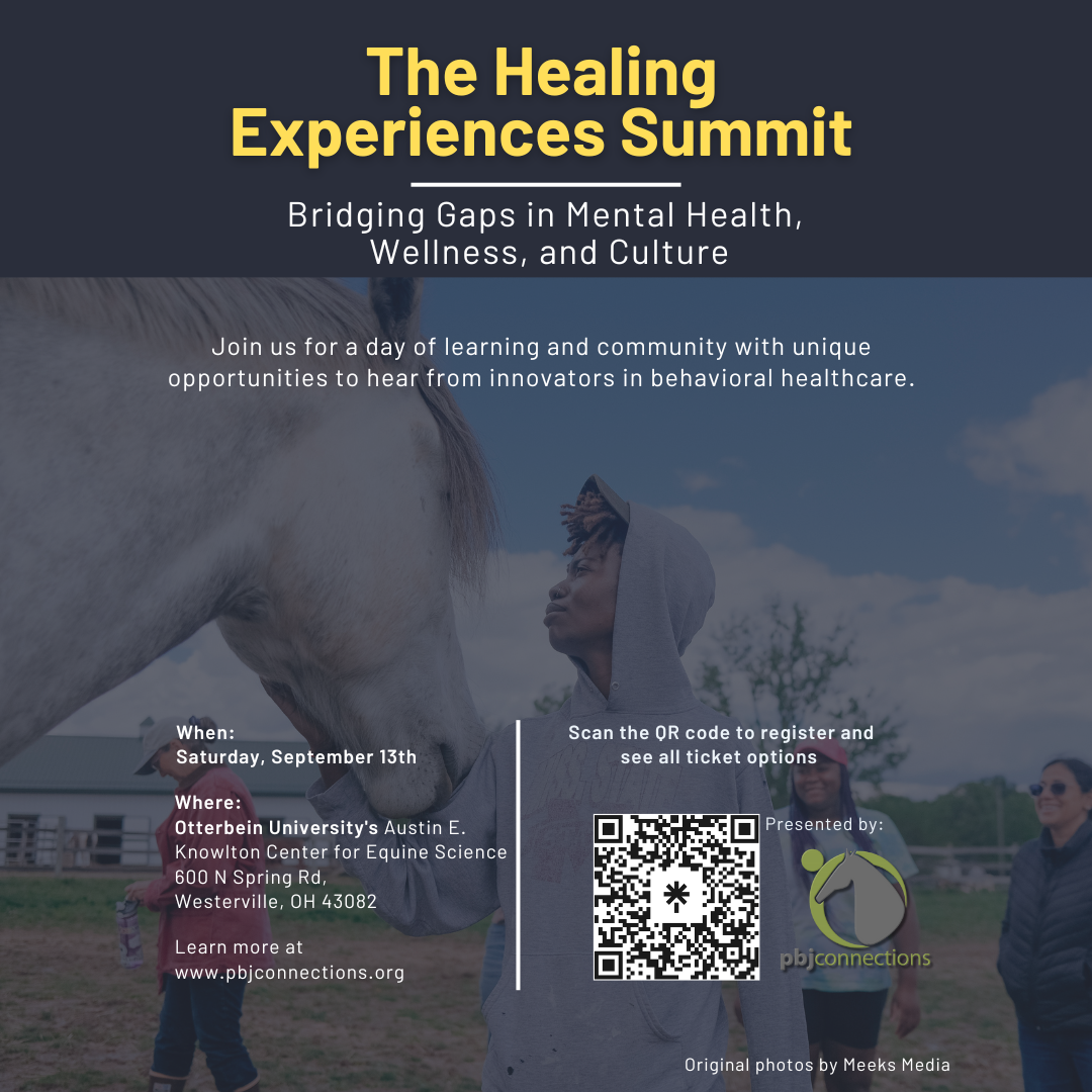 Promotional poster for The Healing Experiences Summit with a blurred background of people and a horse.