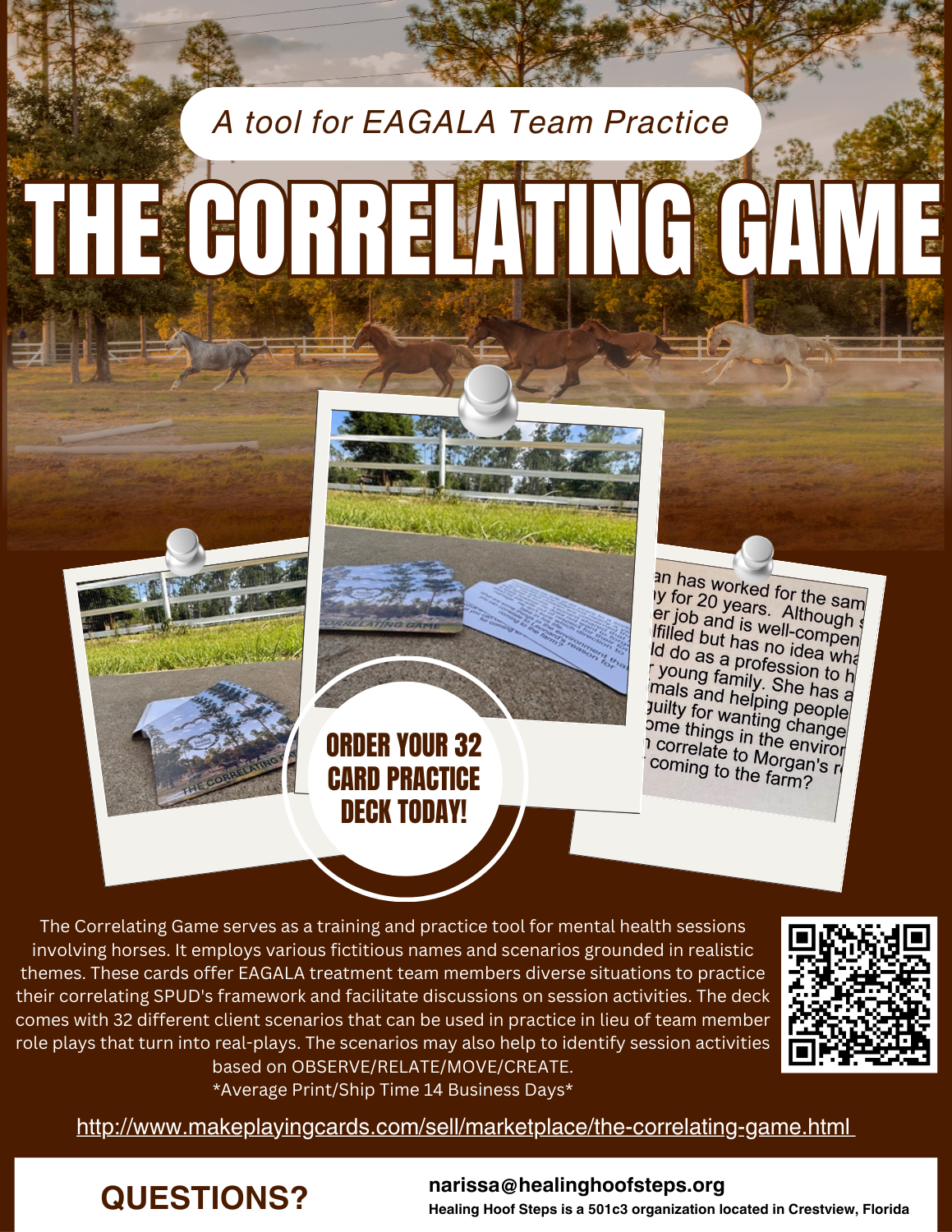 Advertisement for 'The Correlating Game' tool for EAGALA Team Practice with images of horses and text.